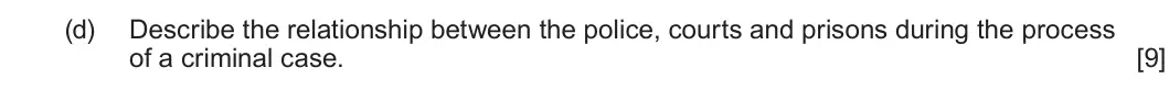Summer 2022 Unit 4, question 2(d): Describe the relationship between the police, courts and prisons during the process of a criminal case. [9]