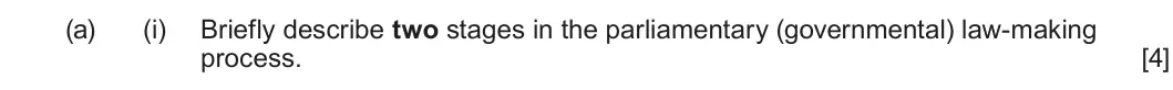 Summer 2024 Unit 4, question 1(a)(i): Briefly describe two stages in the parliamentary (governmental) law-making process. [4]