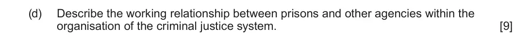 Summer 2025 Unit 4, question 1(d): Describe the working relationship between prisons and other agencies within the organisation of the criminal justice system. [9]