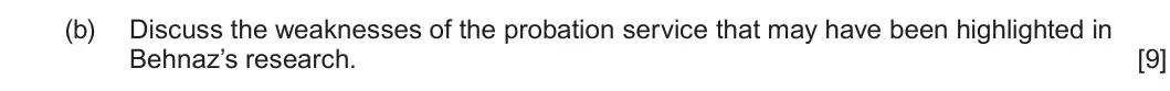 Summer 2025 Unit 4, question 3(b): Discuss the weaknesses of the probation service that may have been highlighted in Behnaz’s research. [9]