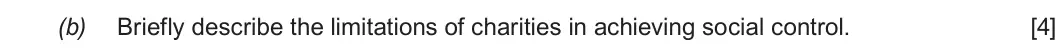 Autumn 2020 Unit 4, question 1(b): Briefly describe the limitations of charities in achieving social control. [4]