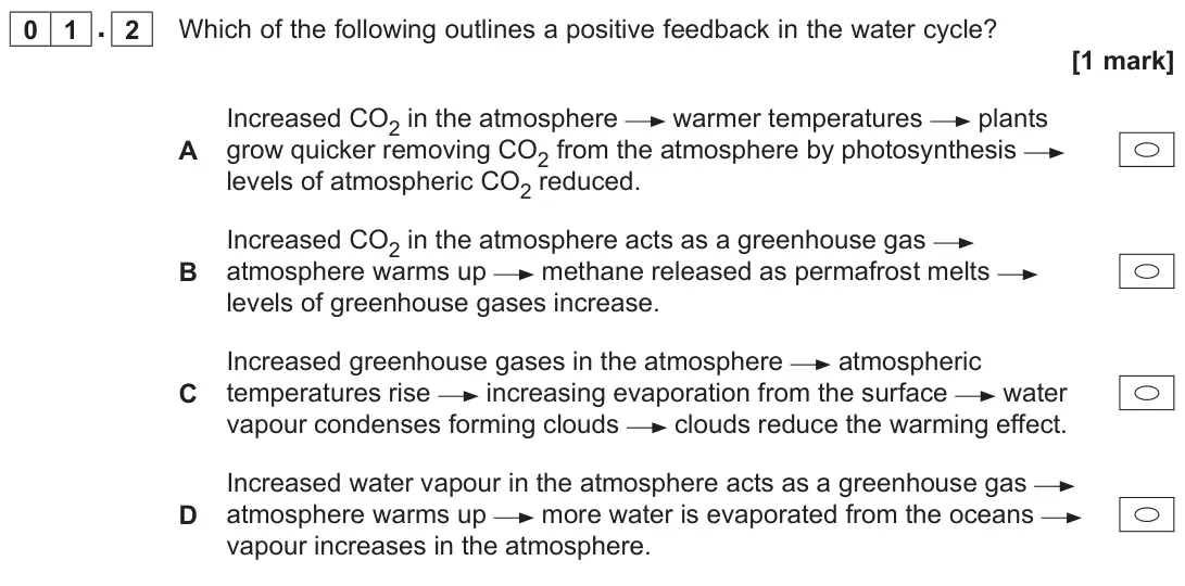 June 2022 AS Paper 1, question 01.2: Which of the following outlines a positive feedback in the water cycle? [1 mark]