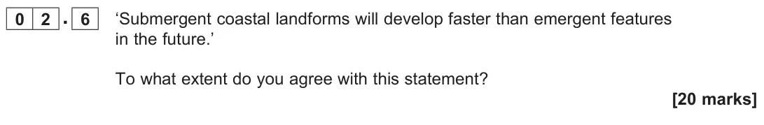 June 2022 AS Paper 1, question 02.6: ‘Submergent coastal landforms will develop faster than emergent features in the future.’ To what extent do you agree with this statement? [20 marks]