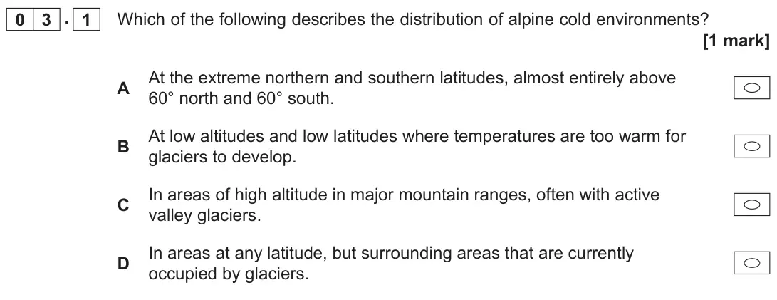 June 2022 AS Paper 1, question 03.1: Which of the following describes the distribution of alpine cold environments? [1 mark]