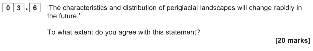 June 2022 AS Paper 1, question 03.6: ‘The characteristics and distribution of periglacial landscapes will change rapidly in the future.’ To what extent do you agree with this statement? [20 marks]