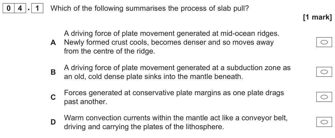 June 2022 AS Paper 1, question 04.1: Which of the following summarises the process of slab pull? [1 mark]