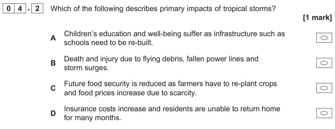 June 2022 AS Paper 1, question 04.2: Which of the following describes primary impacts of tropical storms? [1 mark]