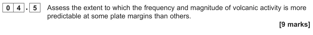 June 2022 AS Paper 1, question 04.5: Assess the extent to which the frequency and magnitude of volcanic activity is more predictable at some plate margins than others. [9 marks]