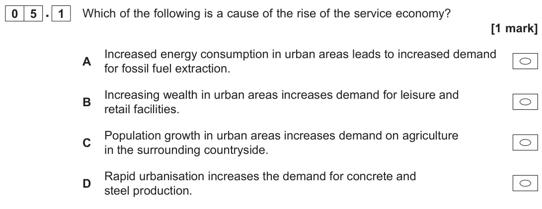 June 2022 AS Paper 1, question 05.1: Which of the following is a cause of the rise of the service economy? [1 mark]