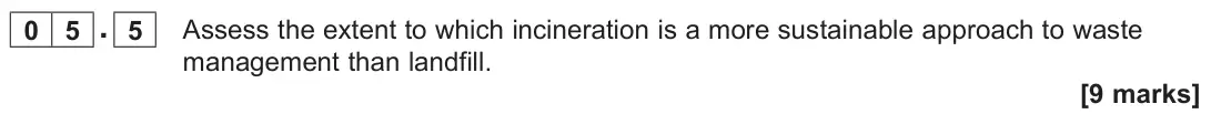 June 2022 AS Paper 1, question 05.5: Assess the extent to which incineration is a more sustainable approach to waste management than landfill. [9 marks]