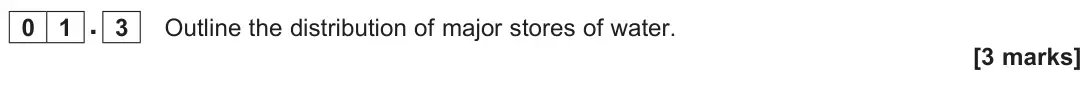 June 2023 AS Paper 1, question 01.3: Outline the distribution of major stores of water. [3 marks]