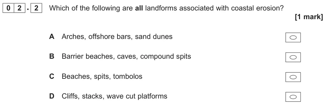 June 2023 AS Paper 1, question 02.2: Which of the following are all landforms associated with coastal erosion? [1 mark]