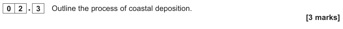 June 2023 AS Paper 1, question 02.3: Outline the process of coastal deposition. [3 marks]