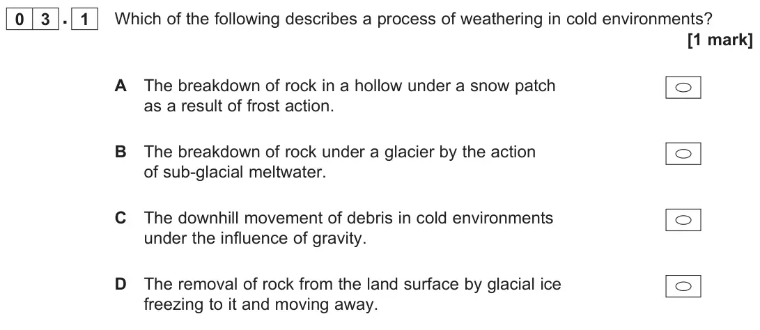June 2023 AS Paper 1, question 03.1: Which of the following describes a process of weathering in cold environments? [1 mark]
