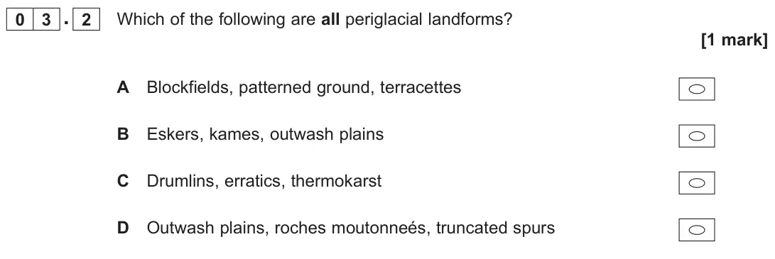 June 2023 AS Paper 1, question 03.2: Which of the following are all periglacial landforms? [1 mark]