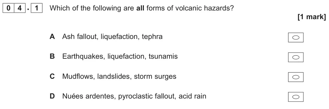 June 2023 AS Paper 1, question 04.1: Which of the following are all forms of volcanic hazards? [1 mark]