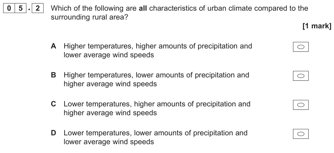 June 2023 AS Paper 1, question 05.2: Which of the following are all characteristics of urban climate compared to the surrounding rural area? [1 mark]