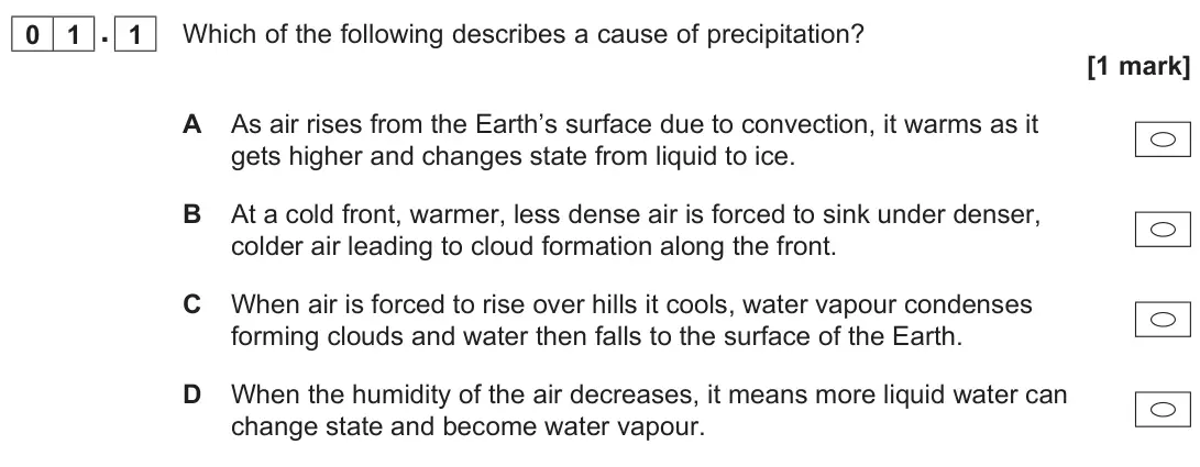 June 2024 AS Paper 1, question 01.1: Which of the following describes a cause of precipitation? [1 mark]