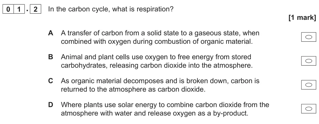 June 2024 AS Paper 1, question 01.2: In the carbon cycle, what is respiration? [1 mark]