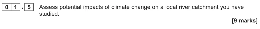 June 2024 AS Paper 1, question 01.5: Assess potential impacts of climate change on a local river catchment you have studied. [9 marks]