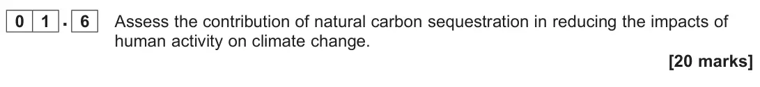 June 2024 AS Paper 1, question 01.6: Assess the contribution of natural carbon sequestration in reducing the impacts of human activity on climate change. [20 marks]