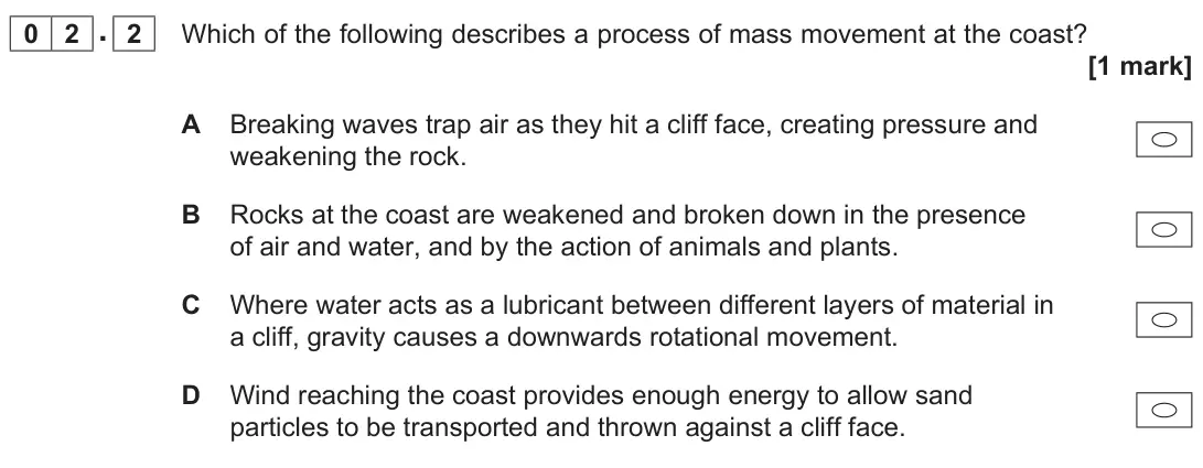 June 2024 AS Paper 1, question 02.2: Which of the following describes a process of mass movement at the coast? [1 mark]