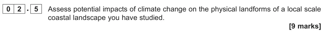 June 2024 AS Paper 1, question 02.5: Assess potential impacts of climate change on the physical landforms of a local scale coastal landscape you have studied. [9 marks]