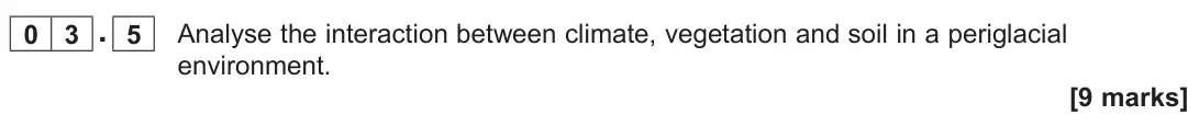 June 2024 AS Paper 1, question 03.5: Analyse the interaction between climate, vegetation and soil in a periglacial environment. [9 marks]