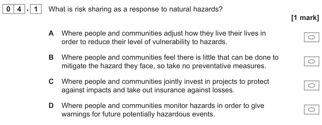 June 2024 AS Paper 1, question 04.1: What is risk sharing as a response to natural hazards? [1 mark]