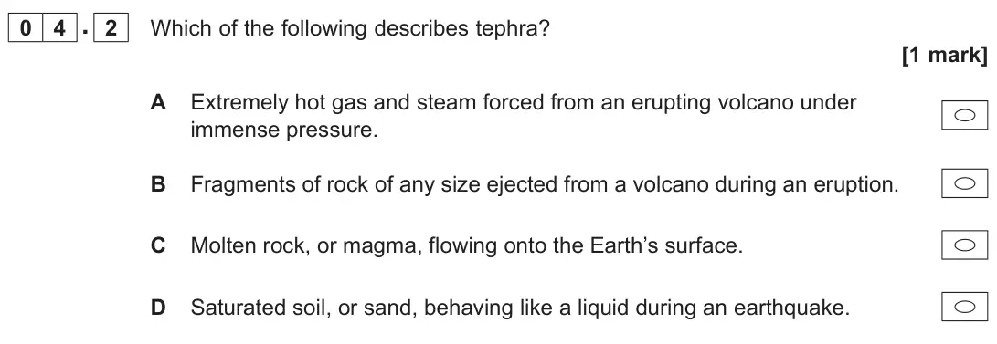 June 2024 AS Paper 1, question 04.2: Which of the following describes tephra? [1 mark]