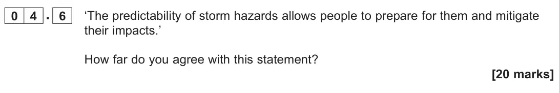 June 2024 AS Paper 1, question 04.6: ‘The predictability of storm hazards allows people to prepare for them and mitigate their impacts.’ How far do you agree with this statement? [20 marks]