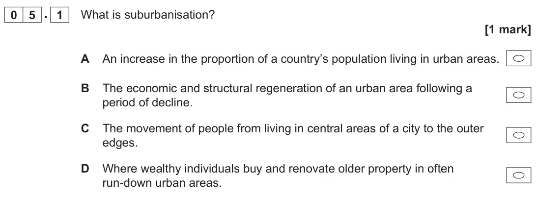 June 2024 AS Paper 1, question 05.1: What is suburbanisation? [1 mark]