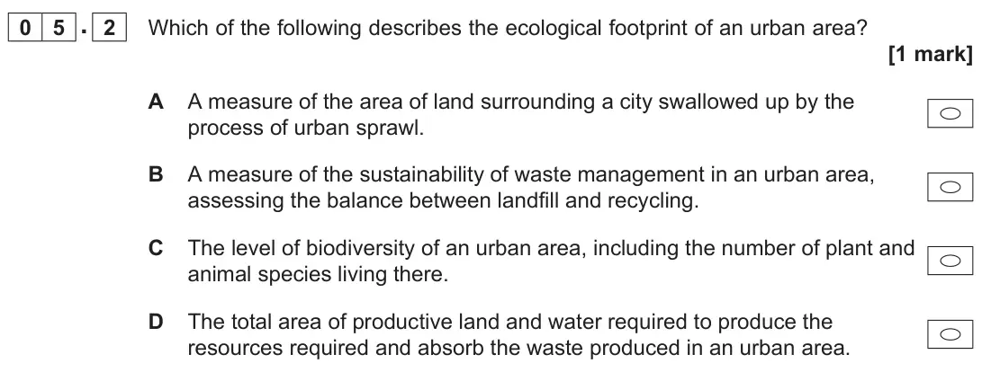 June 2024 AS Paper 1, question 05.2: Which of the following describes the ecological footprint of an urban area? [1 mark]