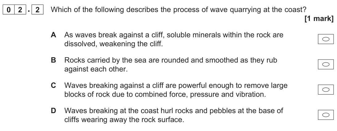 June 2025 AS Paper 1, question 02.2: Which of the following describes the process of wave quarrying at the coast? [1 mark]