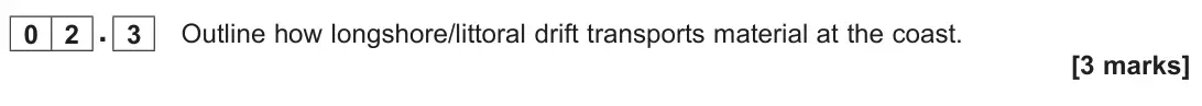 June 2025 AS Paper 1, question 02.3: Outline how longshore/littoral drift transports material at the coast. [3 marks]