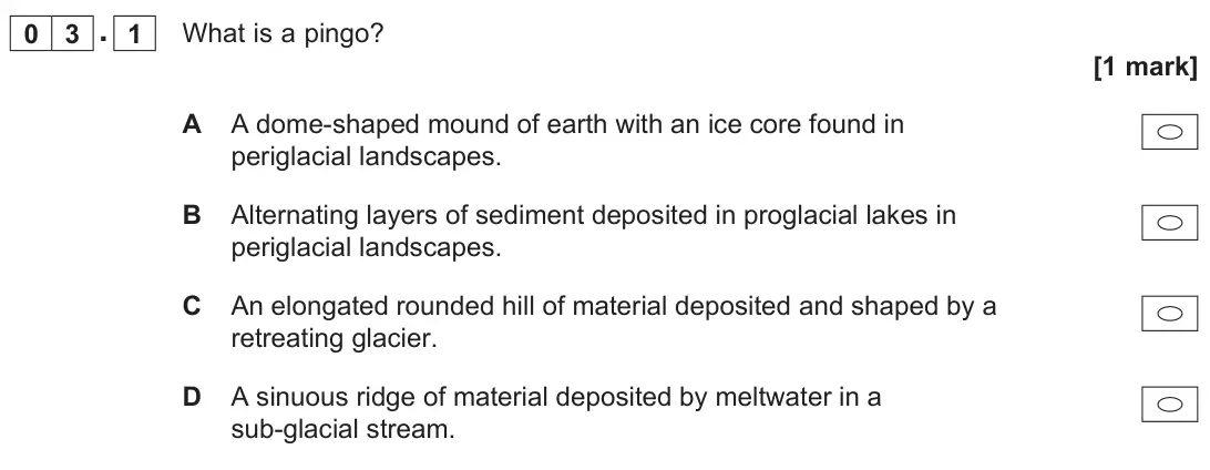 June 2025 AS Paper 1, question 03.1: What is a pingo? [1 mark]