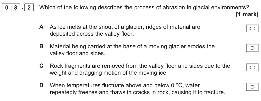 June 2025 AS Paper 1, question 03.2: Which of the following describes the process of abrasion in glacial environments? [1 mark]