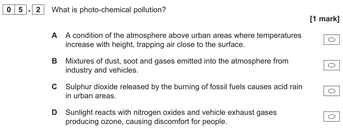 June 2025 AS Paper 1, question 05.2: What is photo-chemical pollution? [1 mark]