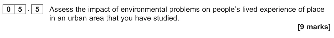 June 2025 AS Paper 1, question 05.5: Assess the impact of environmental problems on people’s lived experience of place in an urban area that you have studied. [9 marks]