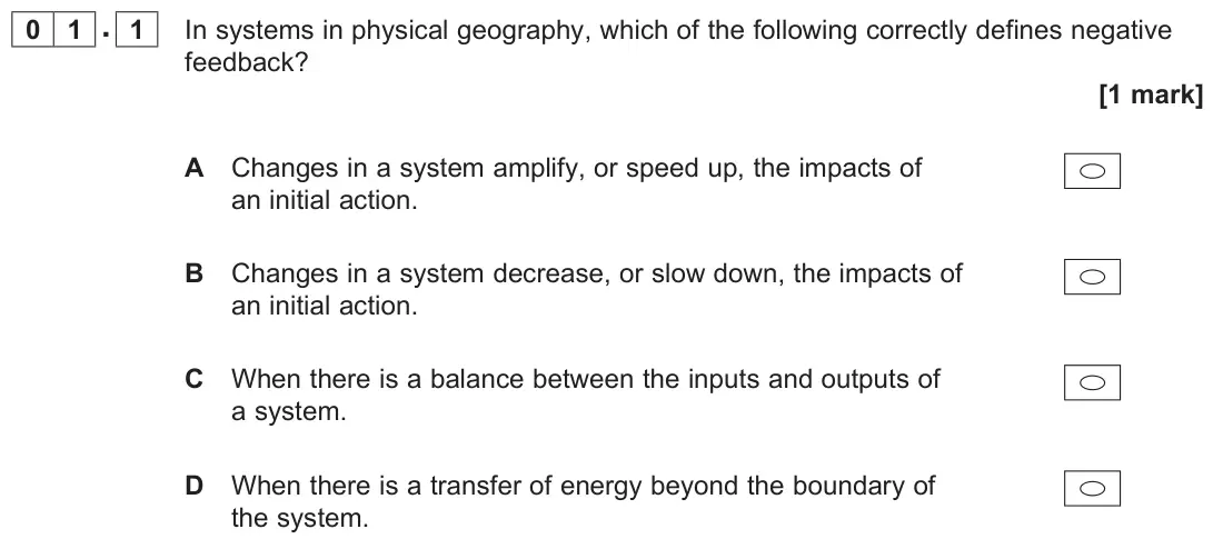 November 2020 AS Paper 1, question 01.1: In systems in physical geography, which of the following correctly defines negative feedback? [1 mark]