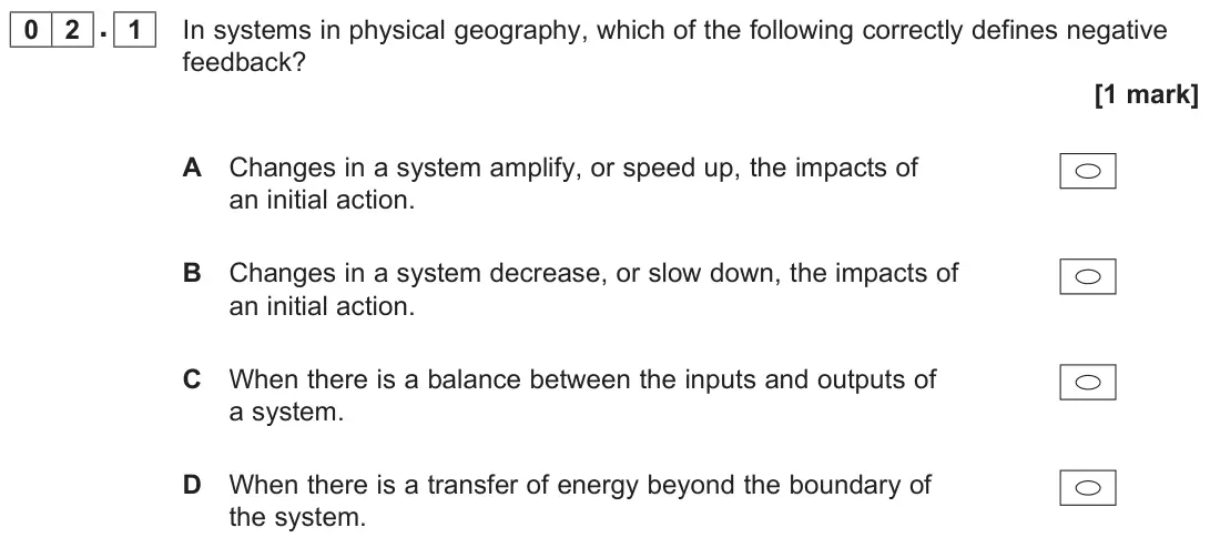 November 2020 AS Paper 1, question 02.1: In systems in physical geography, which of the following correctly defines negative feedback? [1 mark]