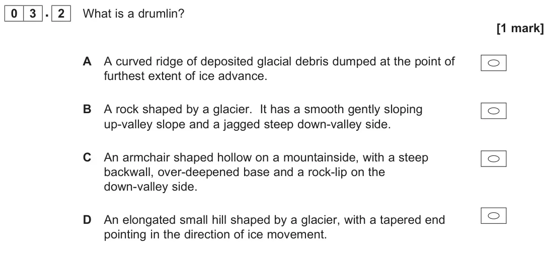 November 2020 AS Paper 1, question 03.2: What is a drumlin? [1 mark]