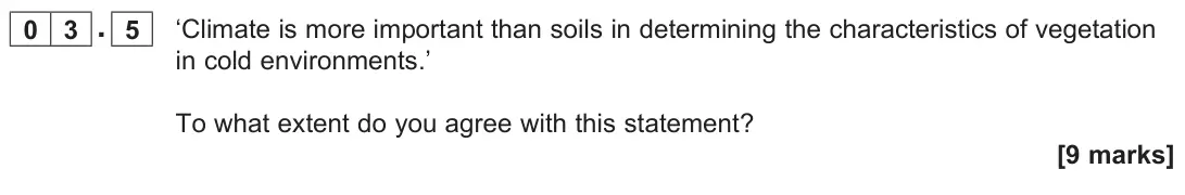November 2020 AS Paper 1, question 03.5: ‘Climate is more important than soils in determining the characteristics of vegetation in cold environments.’ To what extent do you agree with this statement? [