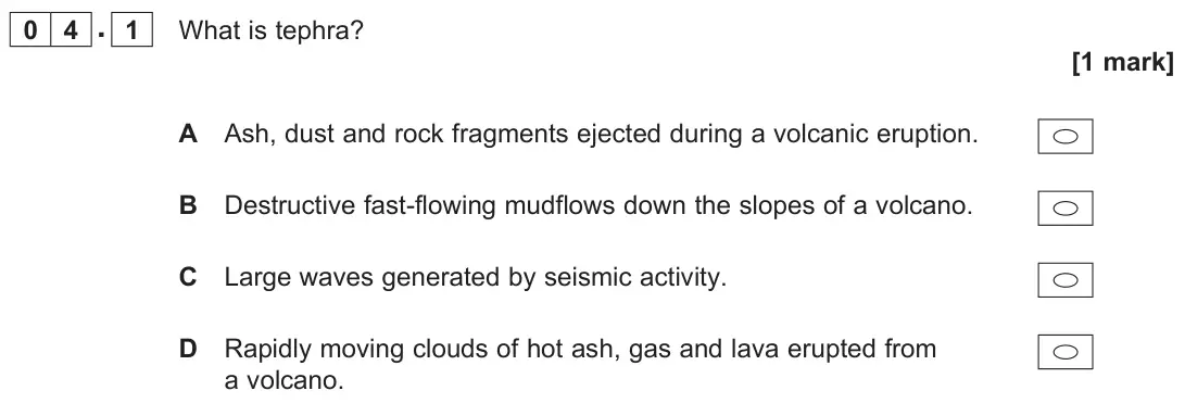 November 2020 AS Paper 1, question 04.1: What is tephra? [1 mark]