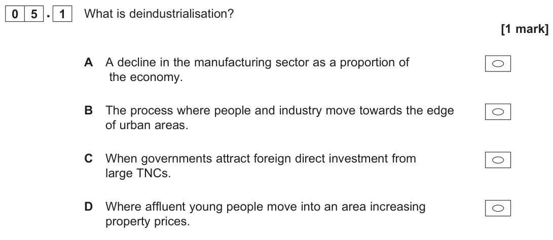 November 2020 AS Paper 1, question 05.1: What is deindustrialisation? [1 mark]