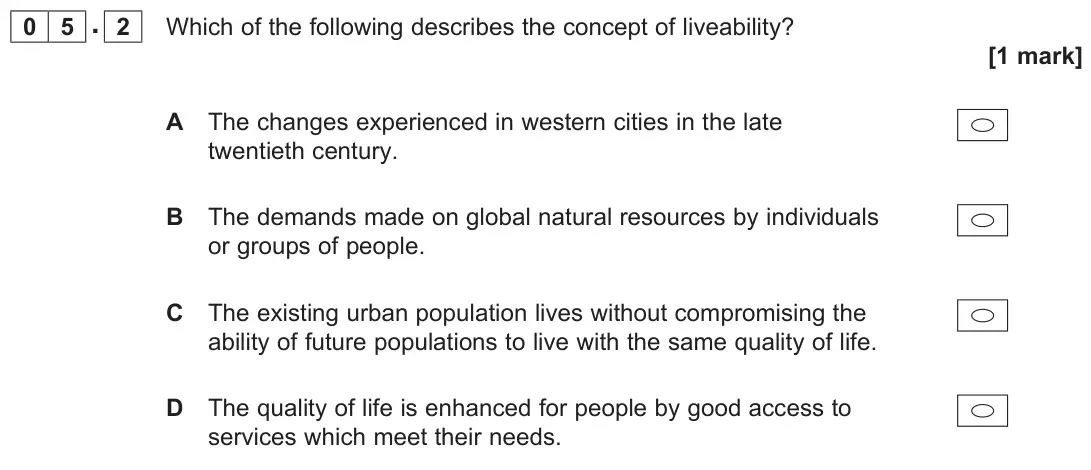 November 2020 AS Paper 1, question 05.2: Which of the following describes the concept of liveability? [1 mark]