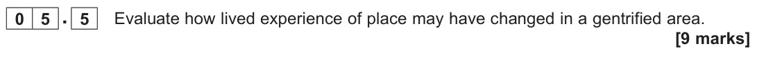 November 2020 AS Paper 1, question 05.5: Evaluate how lived experience of place may have changed in a gentrified area. [9 marks]