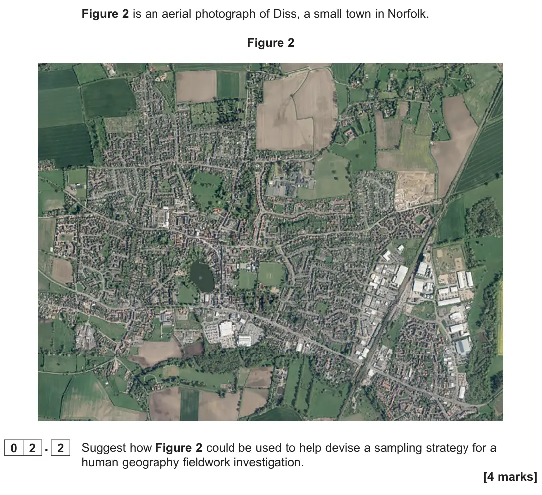 June 2022 AS Paper 2, question 02.2: Suggest how Figure 2 could be used to help devise a sampling strategy for a human geography fieldwork investigation. [4 marks]