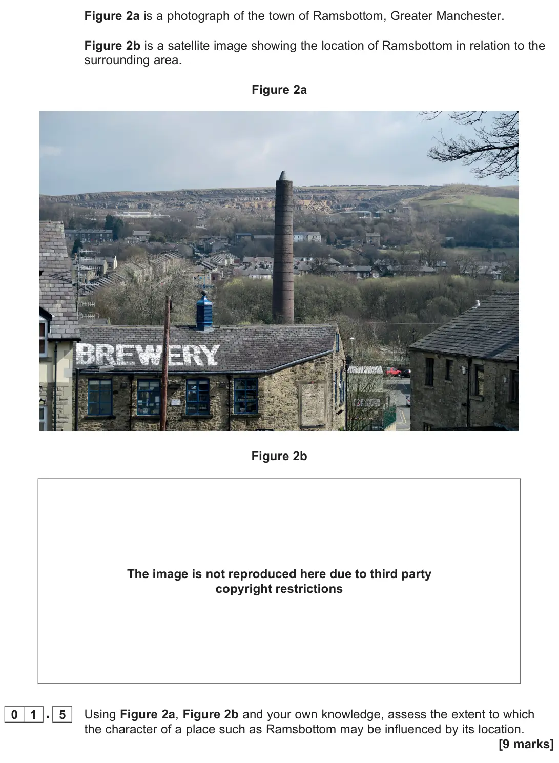 June 2023 AS Paper 2, question 01.5: Using Figure 2a, Figure 2b and your own knowledge, assess the extent to which the character of a place such as Ramsbottom may be influenced by its location. [9