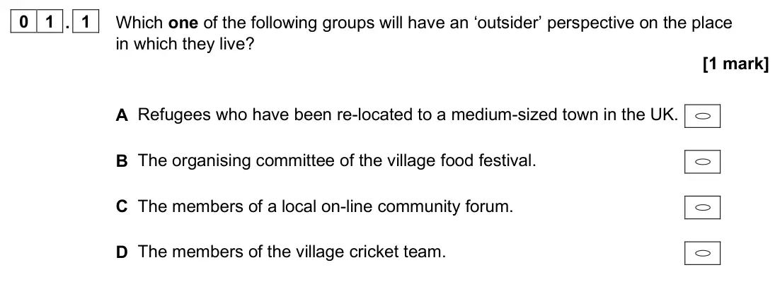 June 2024 AS Paper 2, question 01.1: Which one of the following groups will have an ‘outsider’ perspective on the place in which they live? [1 mark]